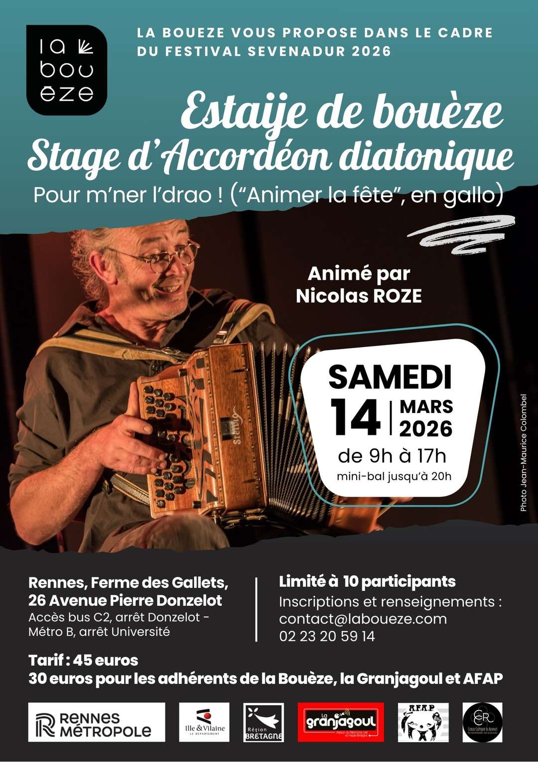 Stage d'accordéon diatonique animé par Nicolas Rozé  - Samedi 14 mars 2026